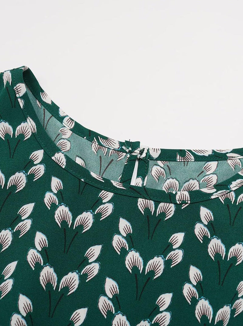 Çiçekli Midi Elbise Streç Kuşaklı Taşlı Yaka Kısa Kollu Bohem