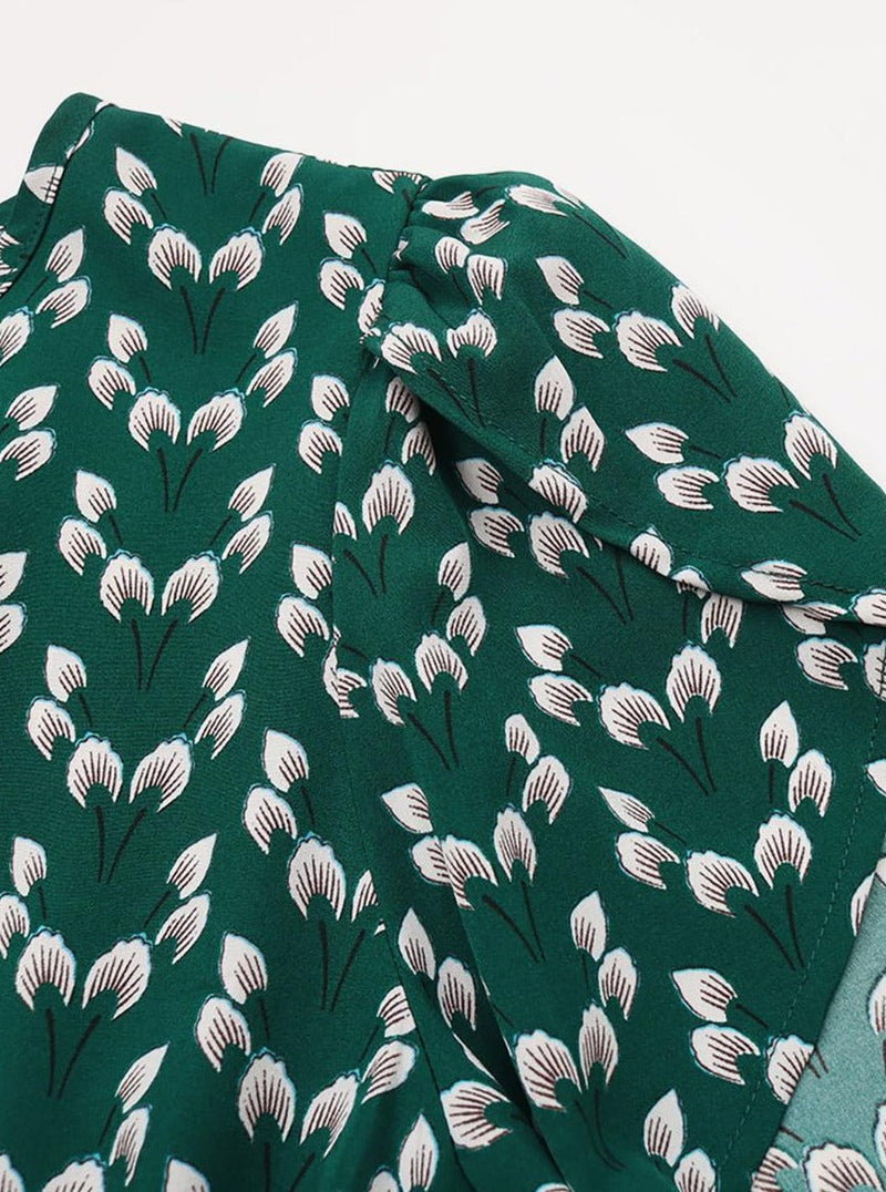 Çiçekli Midi Elbise Streç Kuşaklı Taşlı Yaka Kısa Kollu Bohem