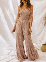 Çiçekli Spagetti Askılı Büzgülü Geniş Paça Tulum