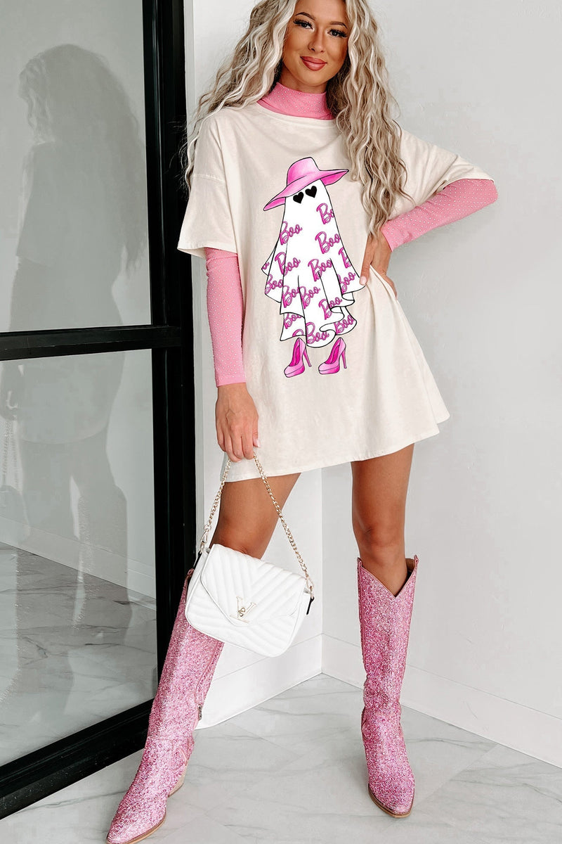 Girly Ghost Oversize Grafikli Tişört Elbise (Vanilya)
