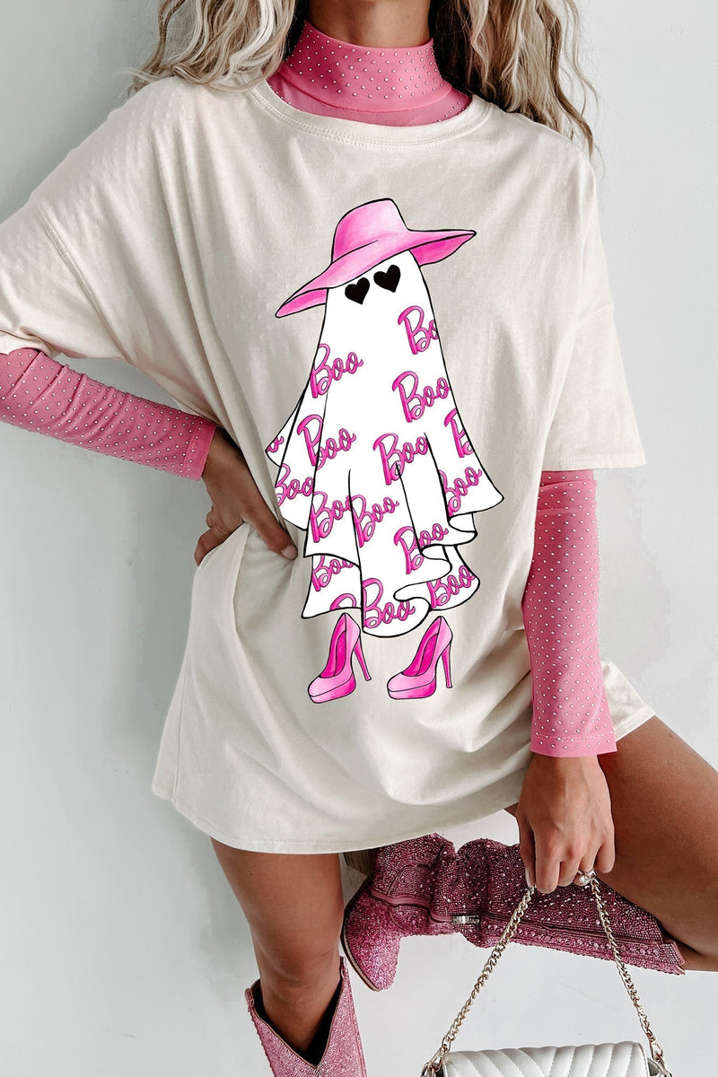 Girly Ghost Oversize Grafikli Tişört Elbise (Vanilya)