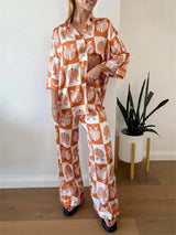 Özel Saten Kabuk Desenli Geniş Paça Pantolon Takım