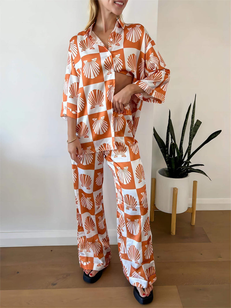 Özel Saten Kabuk Desenli Geniş Paça Pantolon Takım