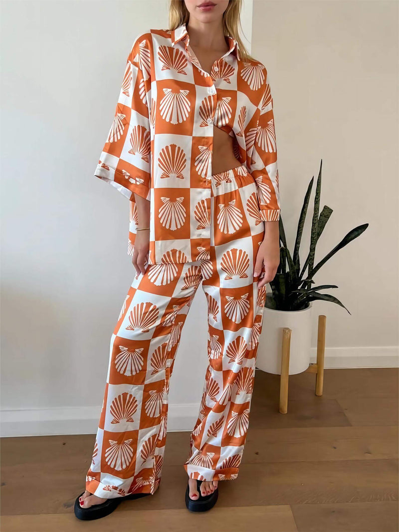 Özel Saten Kabuk Desenli Geniş Paça Pantolon Takım