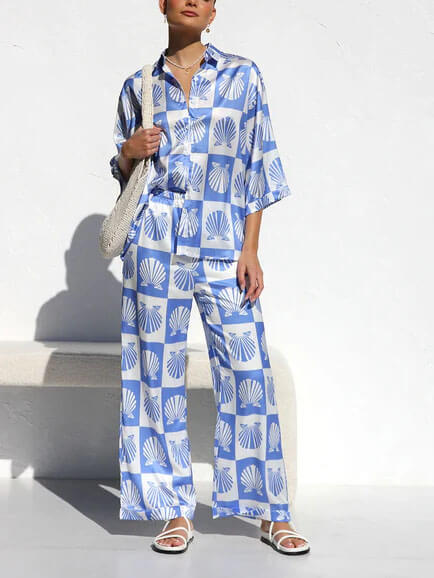 Özel Saten Kabuk Desenli Geniş Paça Pantolon Takım