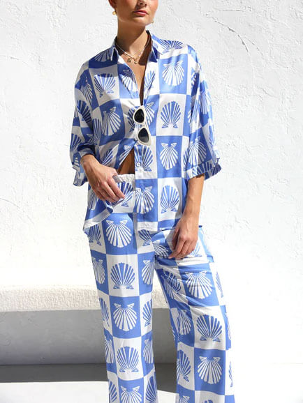 Özel Saten Kabuk Desenli Geniş Paça Pantolon Takım