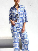 Özel Saten Kabuk Desenli Geniş Paça Pantolon Takım