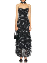 Black And Cream Polka Dot Ruffle Maxi Dress
