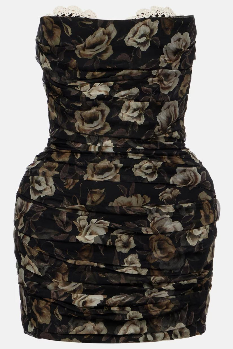 Floral Print Strapless Ruched Mini Dress