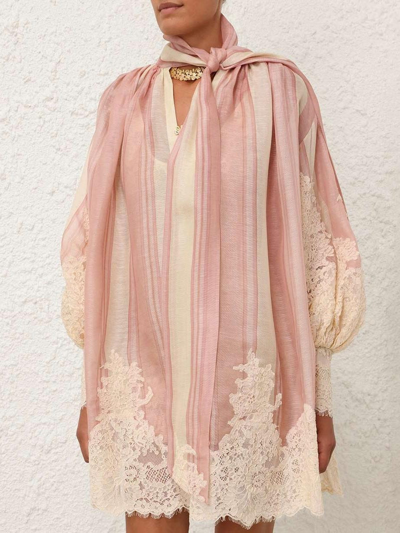 Striped Lace Trimmed Scarf Neck Mini Dress