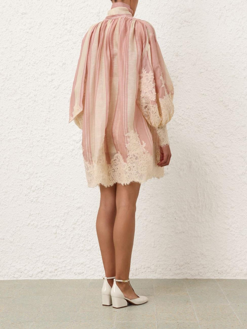 Striped Lace Trimmed Scarf Neck Mini Dress