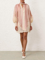 Striped Lace Trimmed Scarf Neck Mini Dress