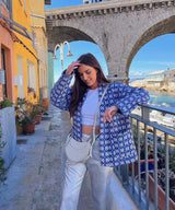 Geometrik Desenli Çiçek Desenli Cepli Kapitone Ceket