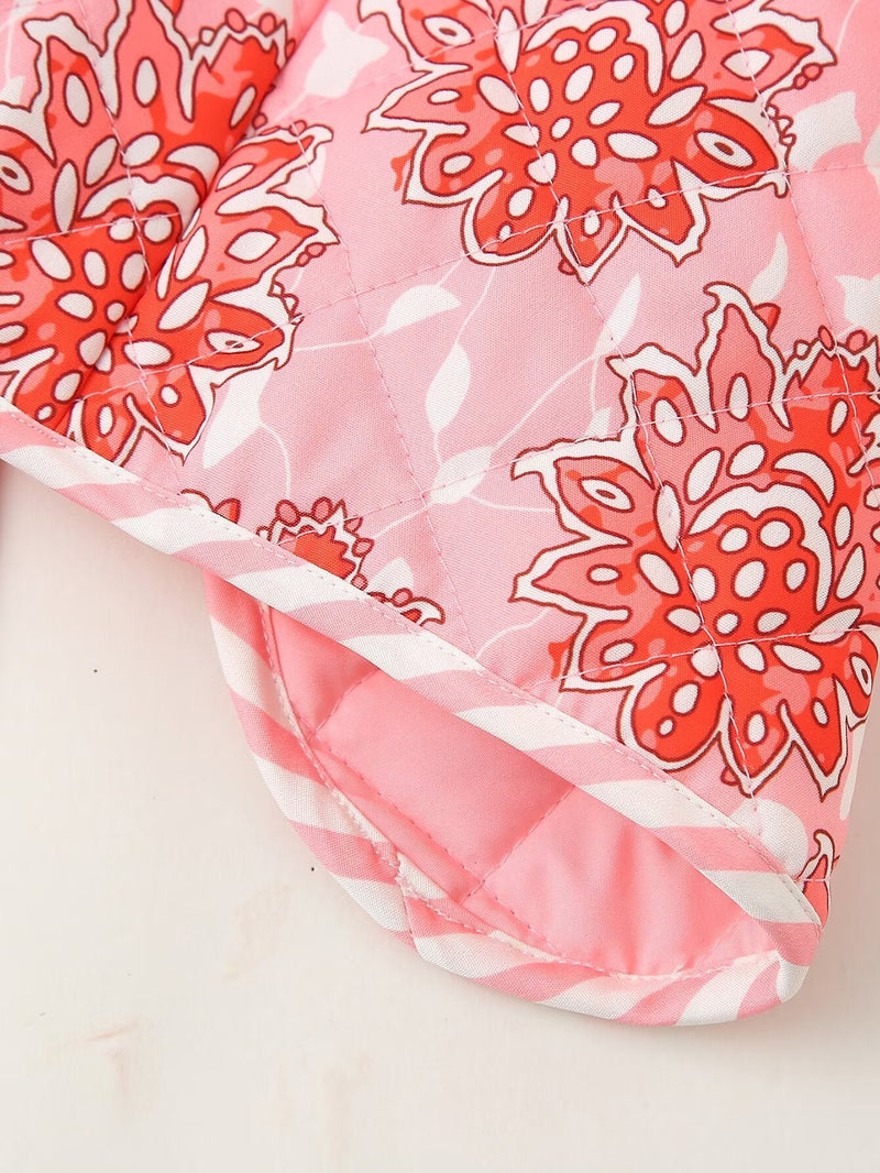 Pembe Çiçek Desenli Bağcıklı Kapitone İnce Yelek