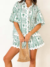 Gömlek Yaka Yaz Botanik Baskı Tatil Günlük Takım Elbise