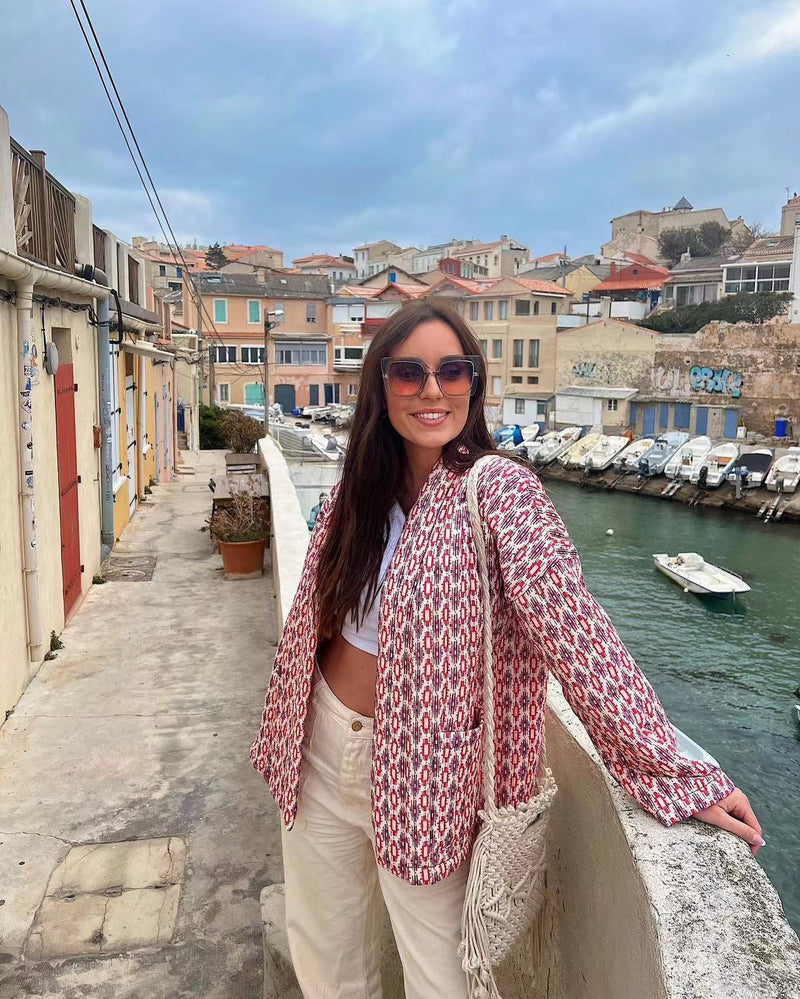 Geometrik Desenli Çiçek Desenli Cepli Kapitone Ceket