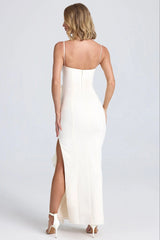 Pliseli Fırfırlı Slip Slit Maxi Elbise