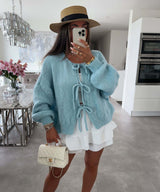 Düz Renk Yuvarlak Yaka Bağcıklı Hırka