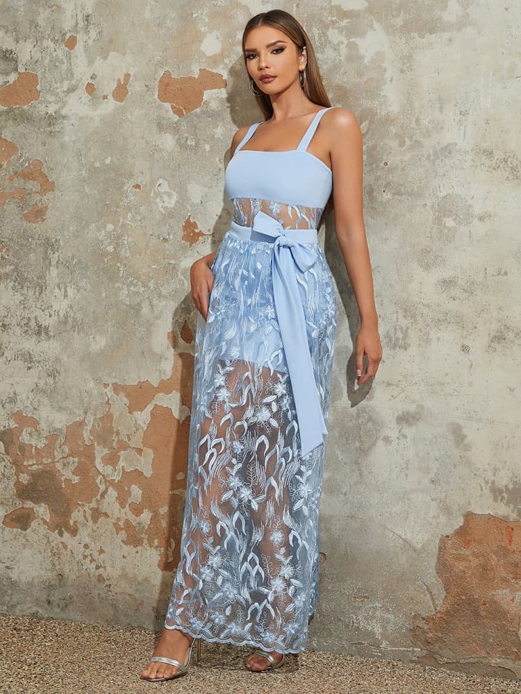 Dantel Askılı Kemerli Bodycon Elbise