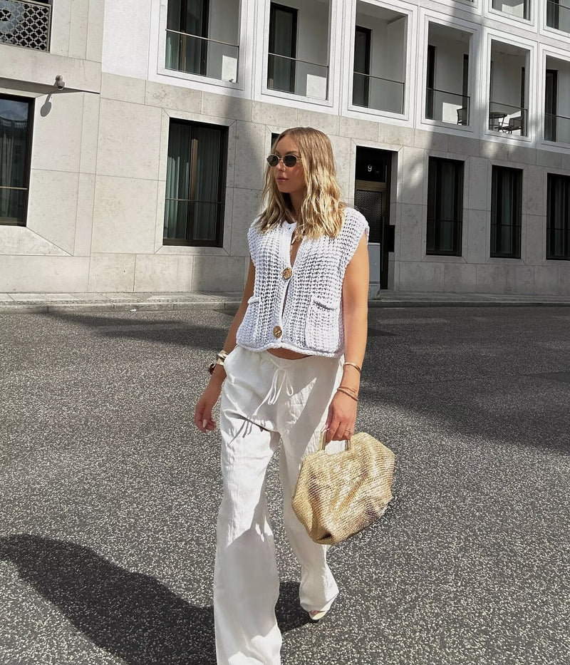 Büyük Düğmeler Düz Renk Örgü Yelek Hırka