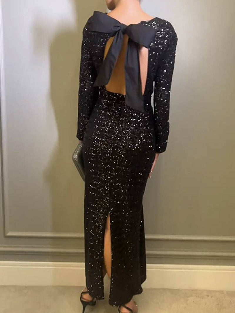 Payet Sırtı Açık Fiyonklu Maxi Elbise