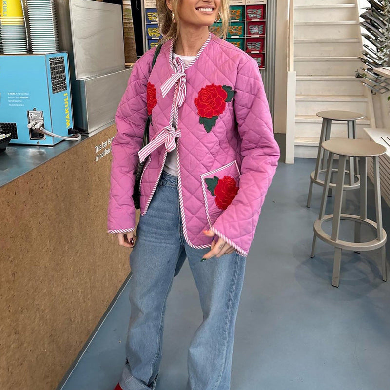 Gül Desenli Fiyonk Pembe İnce Ceket