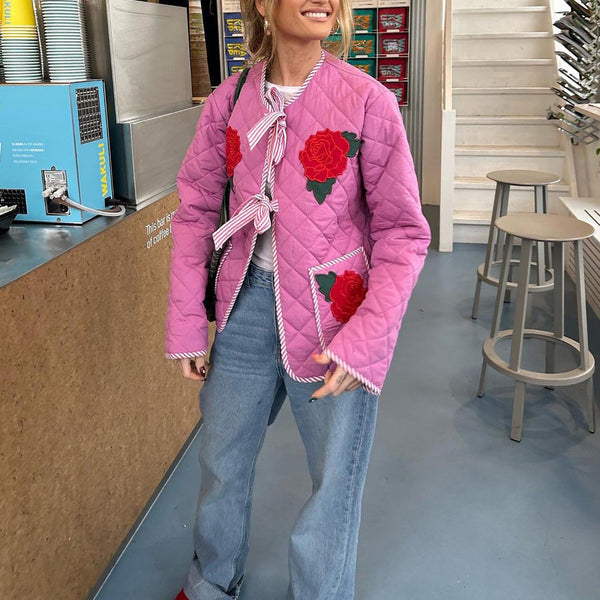 Gül Desenli Fiyonk Pembe İnce Ceket