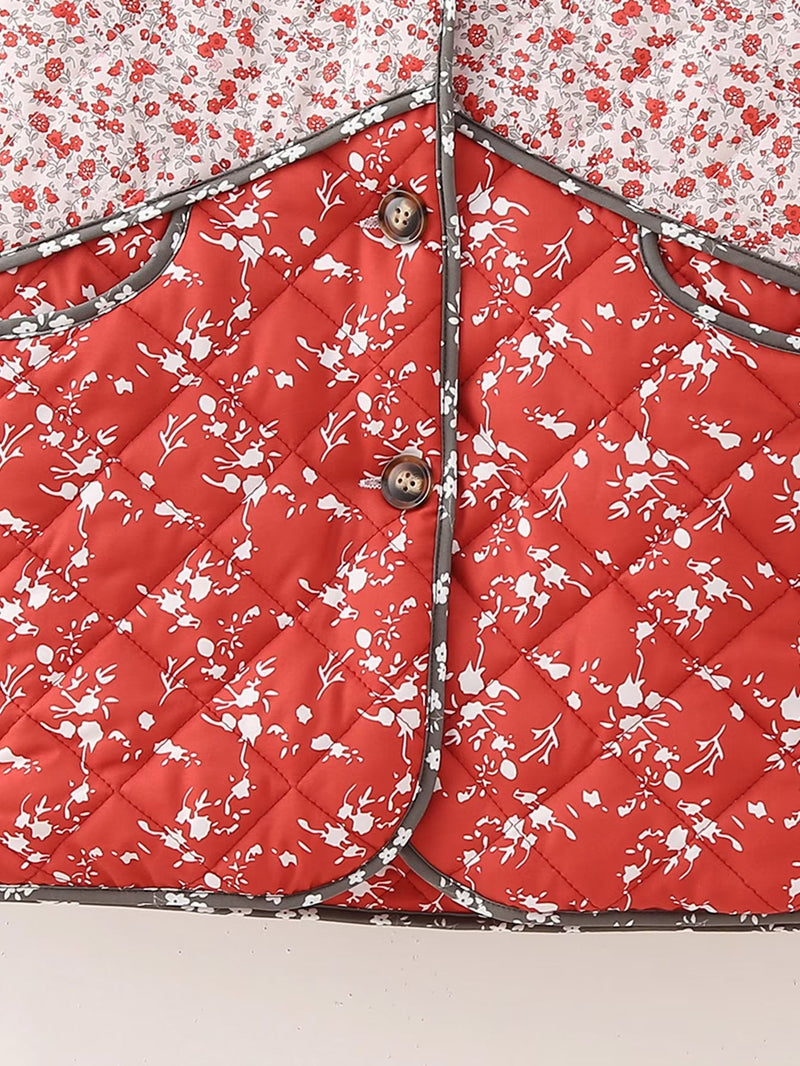 Etnik tarz Çiçek Desenli Renk Kontrast Kapitone Ceket