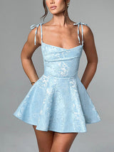 Jakarlı Askılı Zayıflama A-Etek Mini Elbise