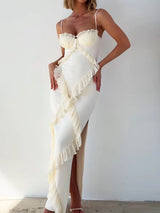 Pliseli Fırfırlı Slip Slit Maxi Elbise