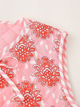 Pembe Çiçek Desenli Bağcıklı Kapitone İnce Yelek