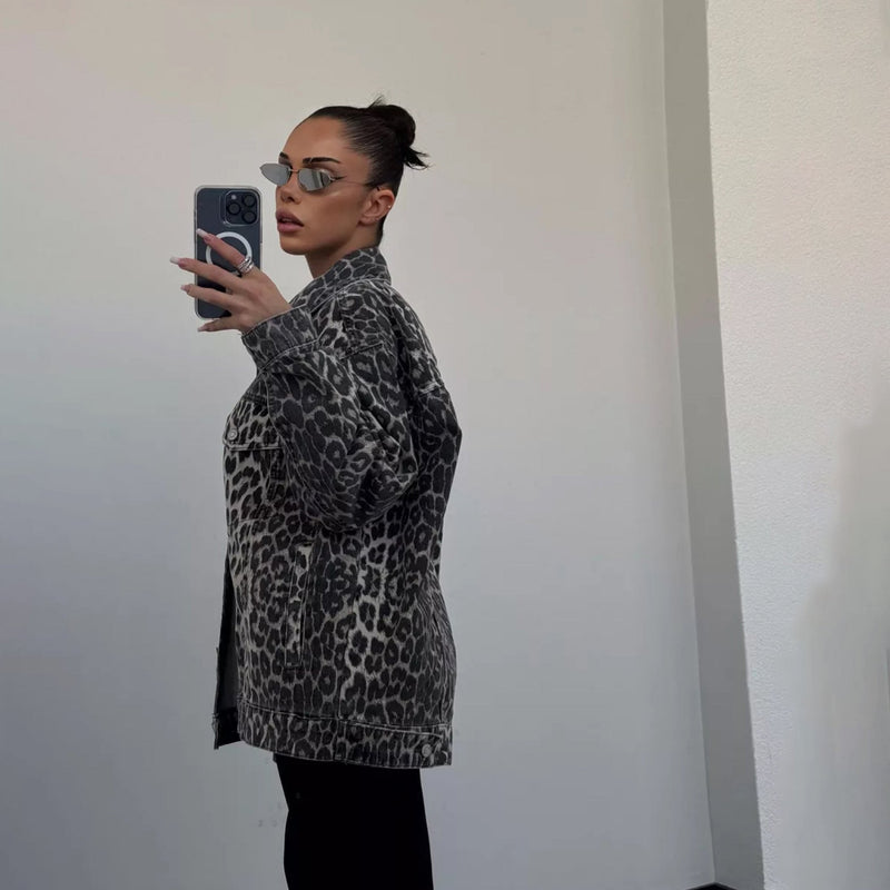 Vintage Sokak Rahat Leopar Desenli Kot Ceket