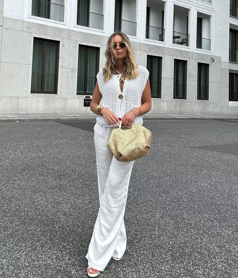 Büyük Düğmeler Düz Renk Örgü Yelek Hırka