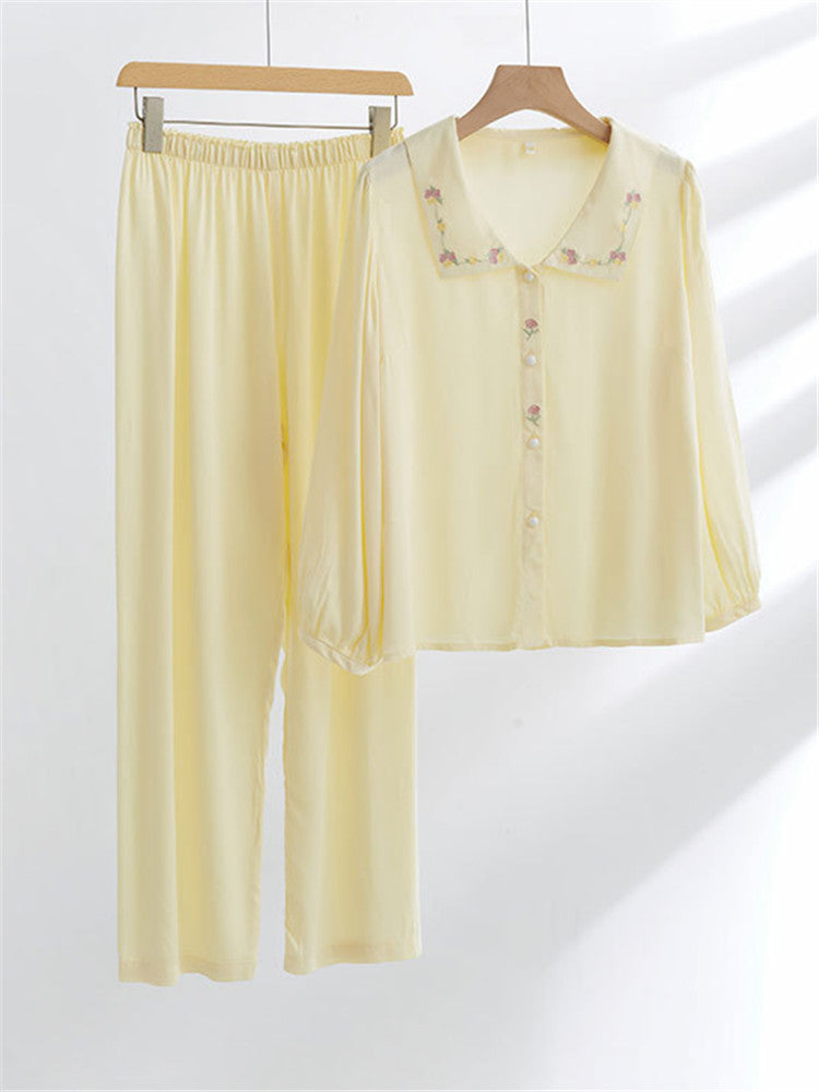 Saten Gül Nakışlı Pijama Takımı