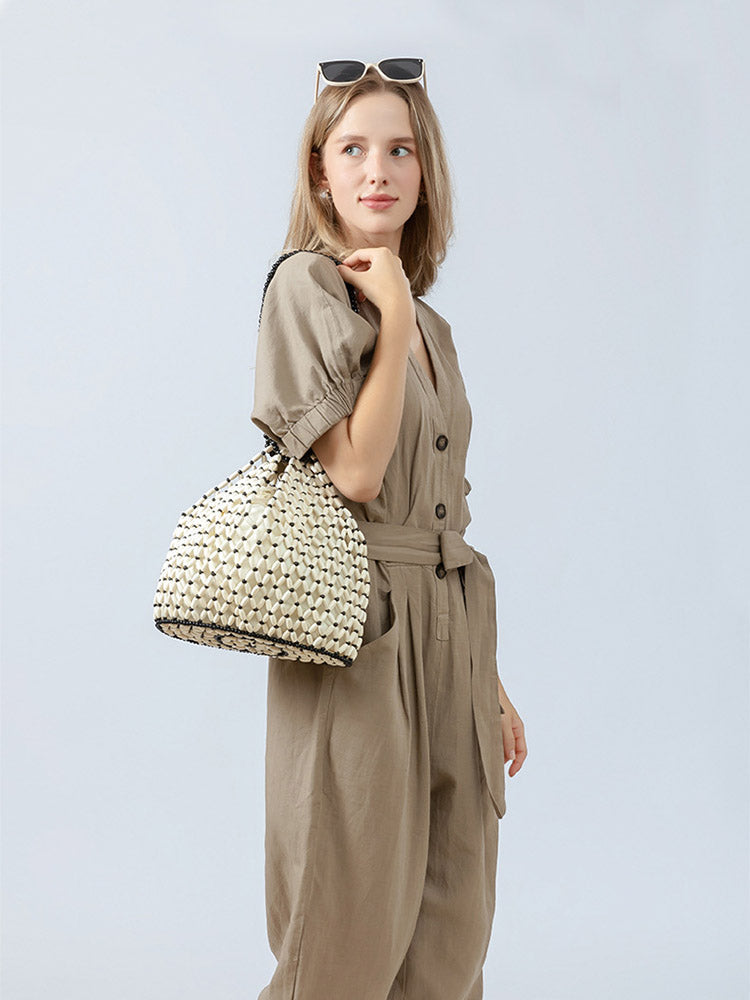 El İşi Ahşap Boncuklu Dokuma Tote Çanta