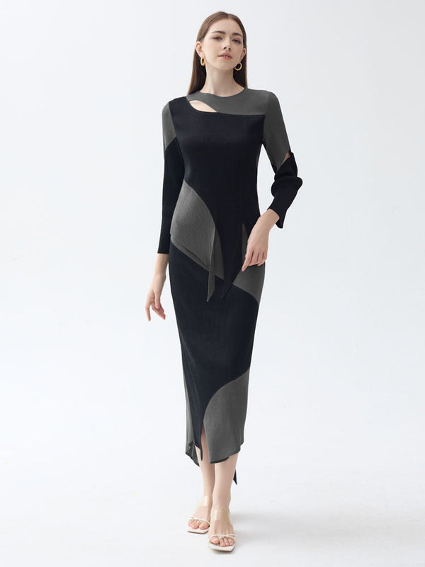 Şık Patchwork Pileli Düzensiz Etek Takımı