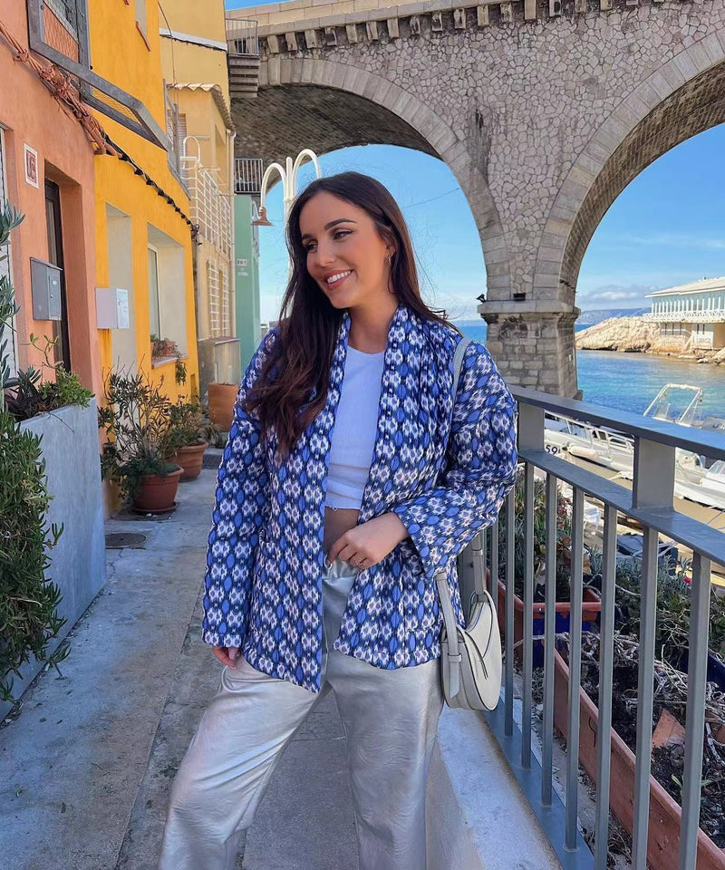 Geometrik Desenli Çiçek Desenli Cepli Kapitone Ceket