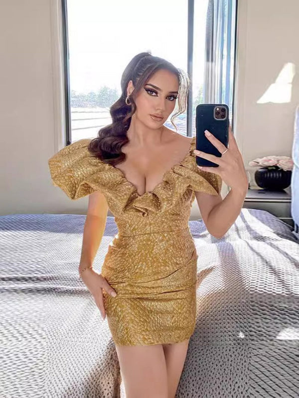 Şık Seksi V-Yaka Sırt Dekolteli Elbise