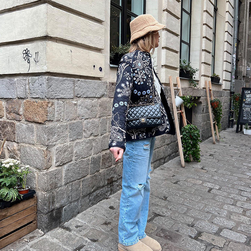 Etnik Çiçek Desenli Kapitone Ceket