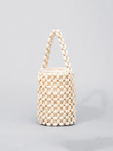 Delikli Ahşap Boncuklu Dokuma Kova Çanta