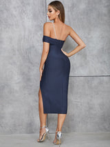 Asimetrik İnci Askılı Sırt Dekolteli Elbise