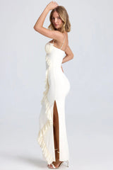 Pliseli Fırfırlı Slip Slit Maxi Elbise