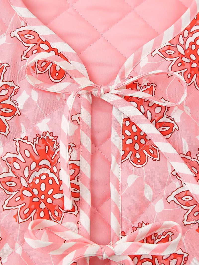 Pembe Çiçek Desenli Bağcıklı Kapitone İnce Yelek