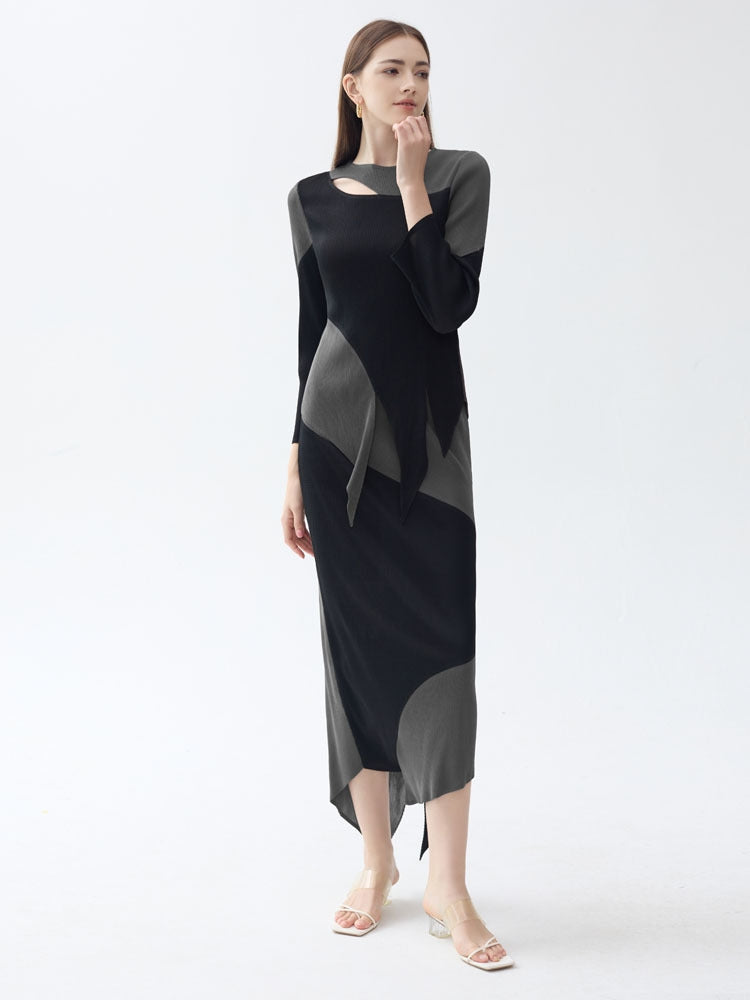 Şık Patchwork Pileli Düzensiz Etek Takımı