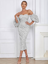 Askısız Vintage Puff Sleeve Elbise