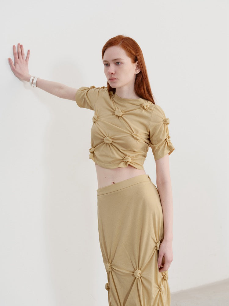 Twist Düğümlü Pileli Kısa Kollu Tişört