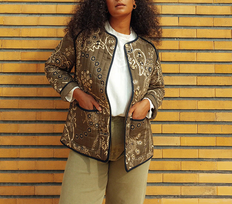 Etnik Çiçek Desenli Kapitone Ceket