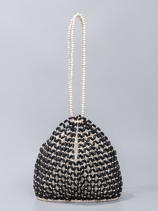 El İşi Ahşap Boncuklu Dokuma Tote Çanta