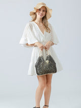 El İşi Ahşap Boncuklu Dokuma Tote Çanta