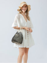 El İşi Ahşap Boncuklu Dokuma Tote Çanta